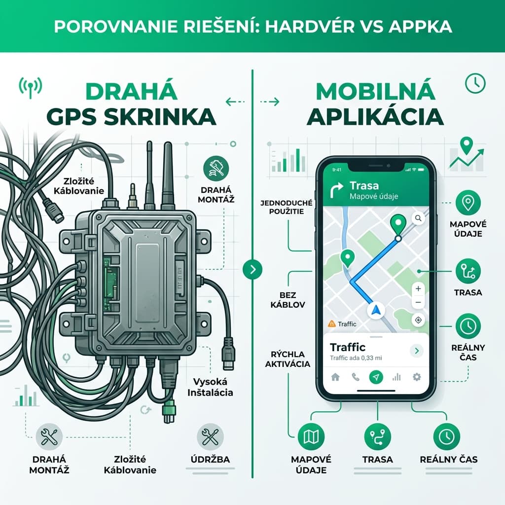 Drahá pevne inštalovaná skrinka oproti elegantnej a flexibilnej mobilnej web aplikácii sledujúcej trasy na cestách