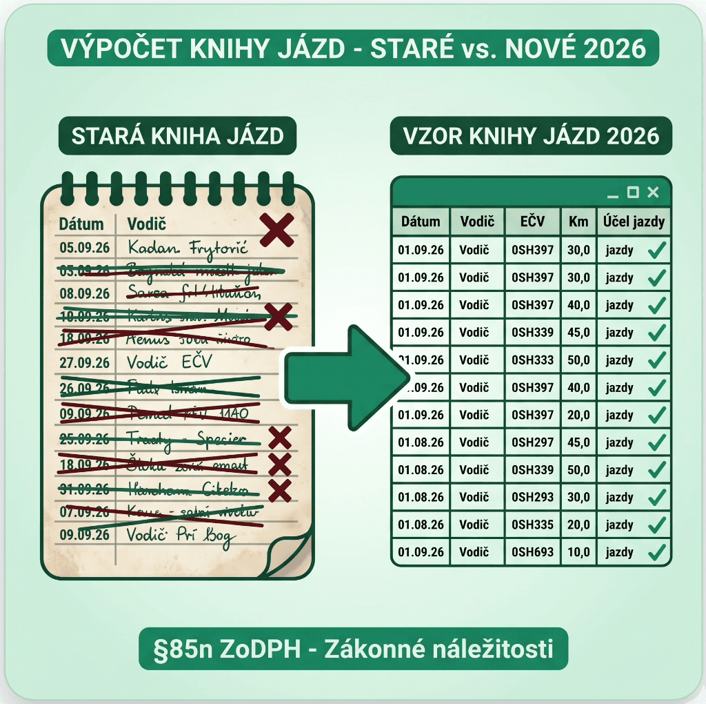 Vzor knihy jázd v Exceli: šablóna zo stĺpcami pre zákonné náležitosti evidencie jázd 2026